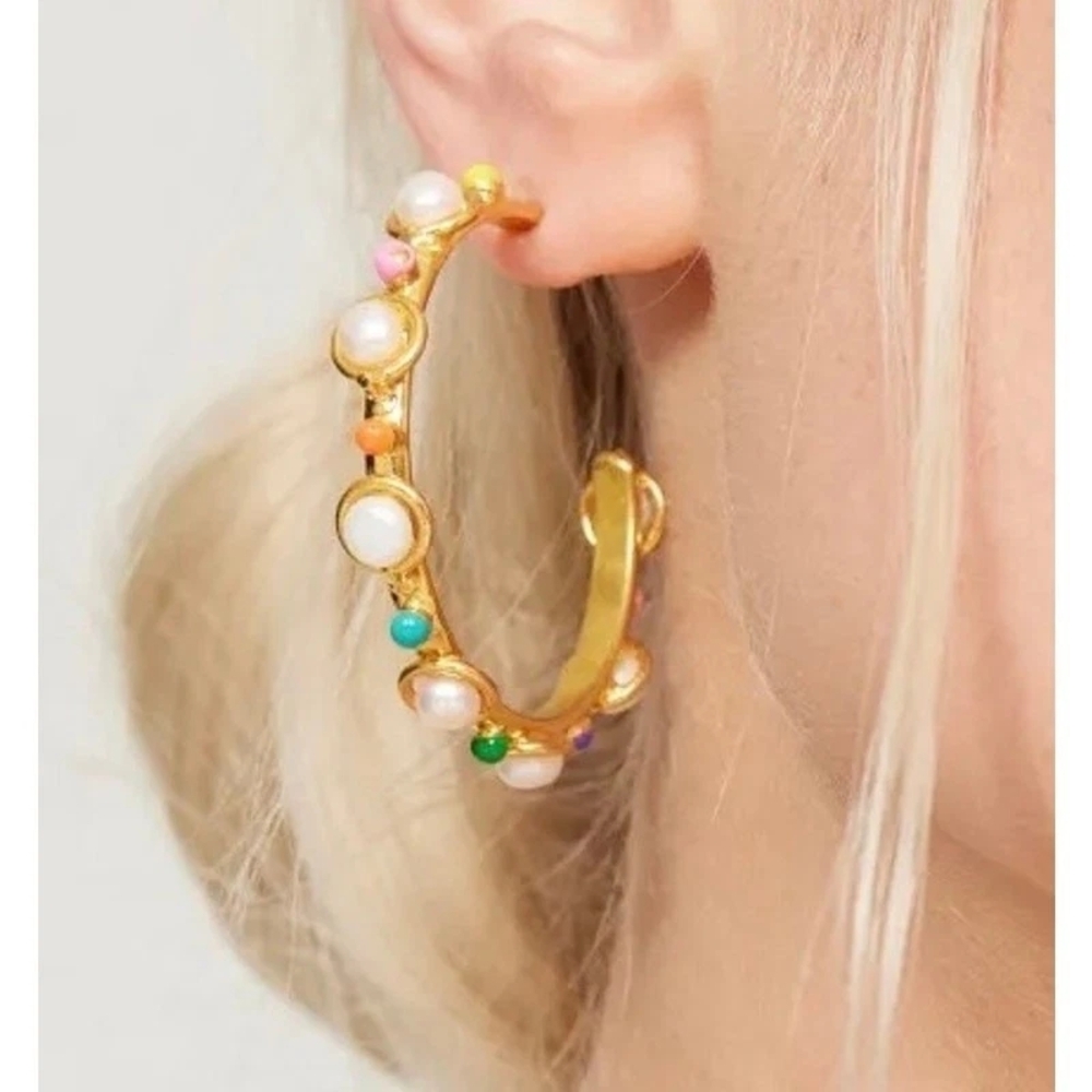 New In Pouch Vibrant Gold Beaded Freshwater Pearls Candy Hoop Earrings